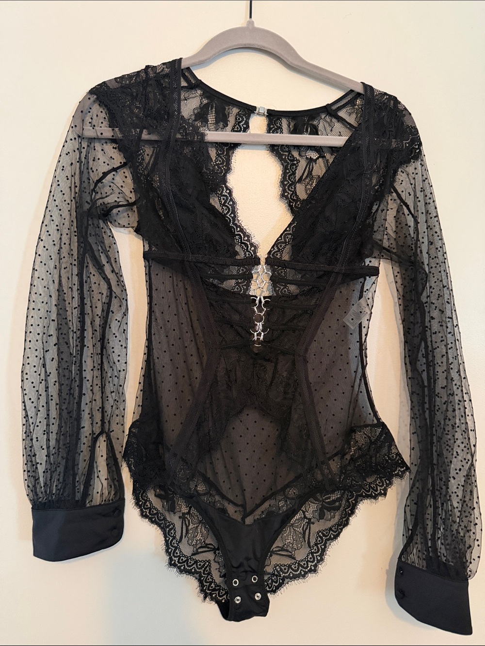 Thistle and Spire Black Sheer Lace Long-Sleeve Bodysuit